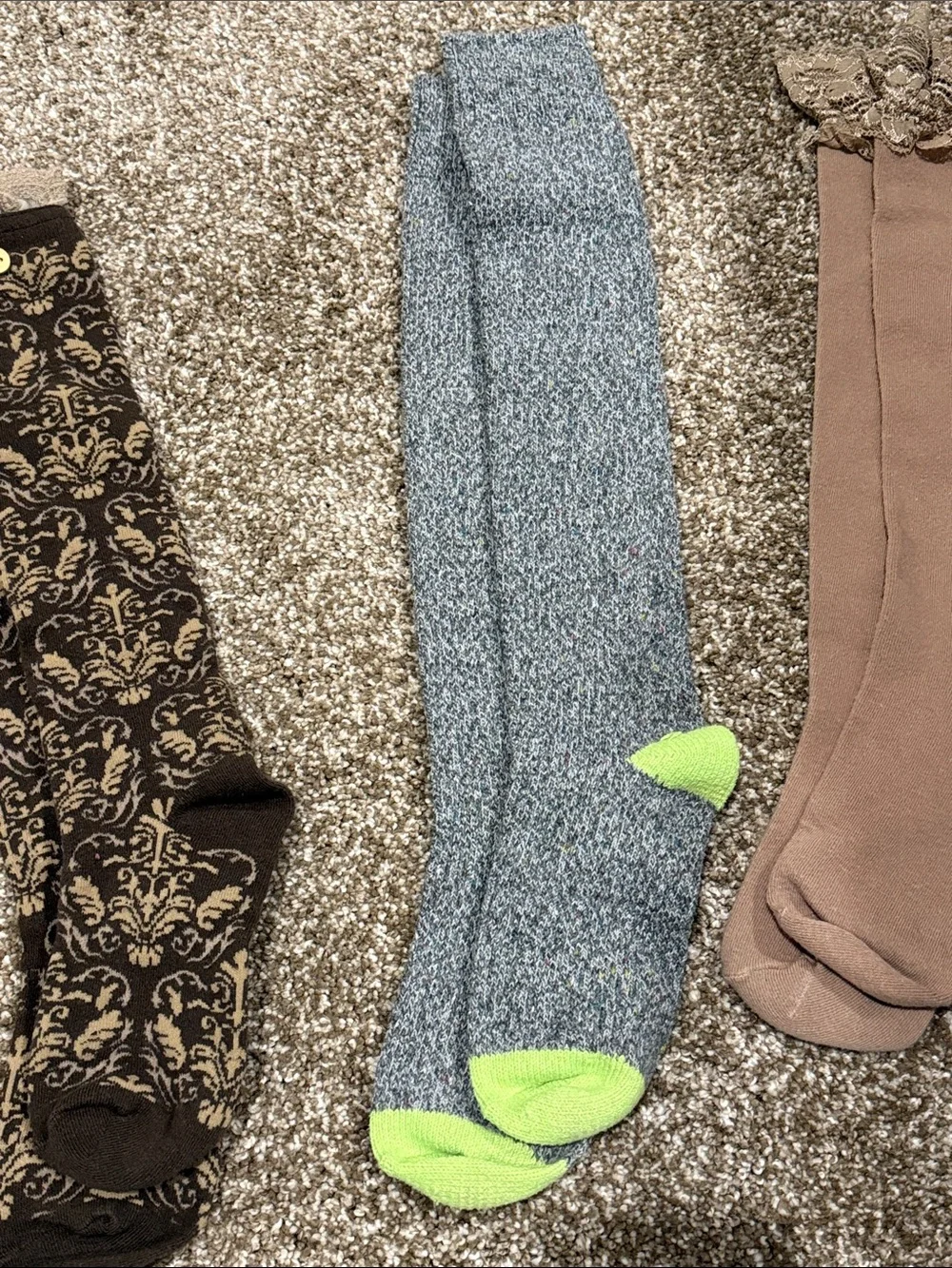 3 pair Women’Knee-High Socks  - Brown, Gray with Neon Green Accents, and Tan